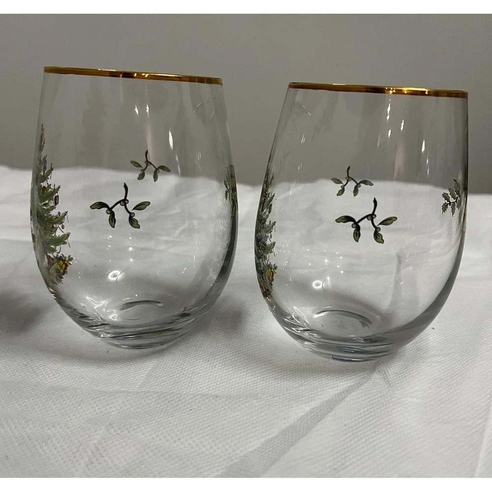 Spode Christmas Tree Stemless Wine Glasses Holiday Tablescape Grandmillennial